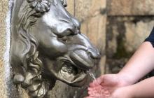 Mãos coletam água num chafariz com carranca de leão